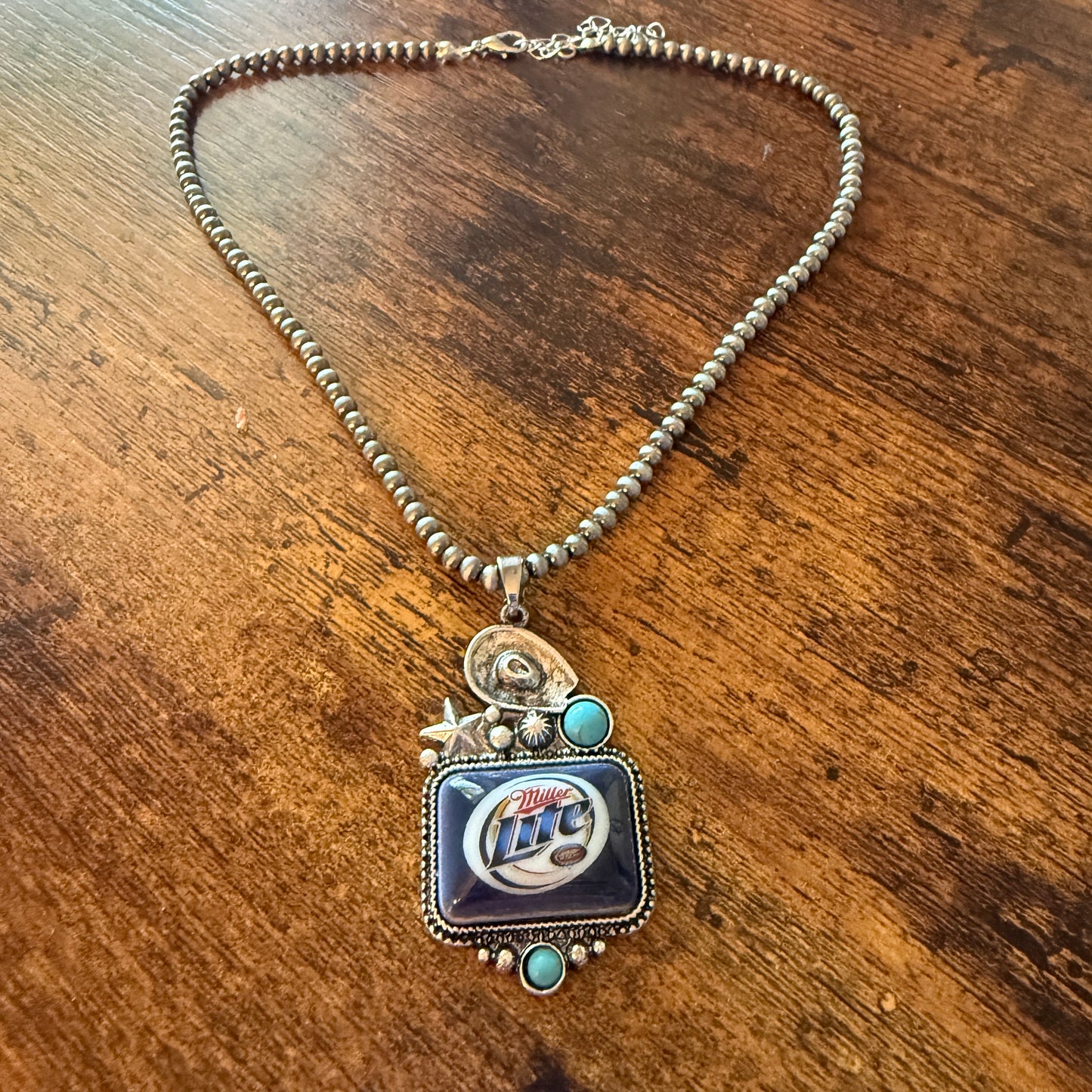 Southwestern Cowgirl Miller Lite Beer Silver Pearl Choker Pendant Necklace