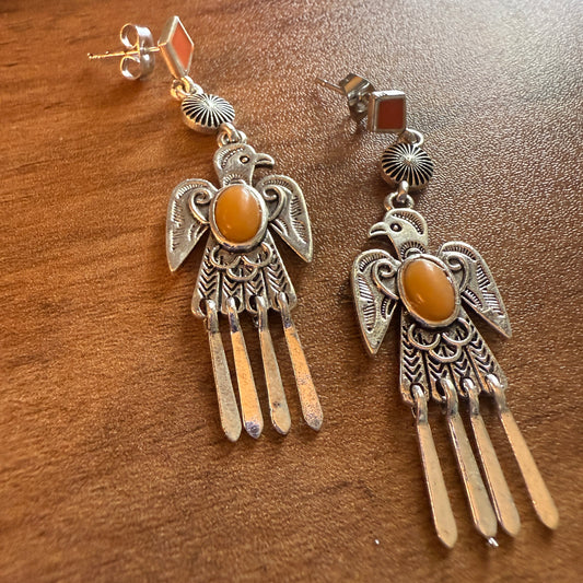 Navajo Thunderbird Post Drop Earrings With Faux Coral Gemstones In Mixed Metals