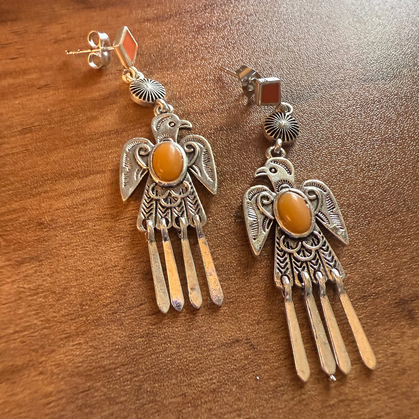 Navajo Thunderbird Post Drop Earrings With Faux Coral Gemstones In Mixed Metals