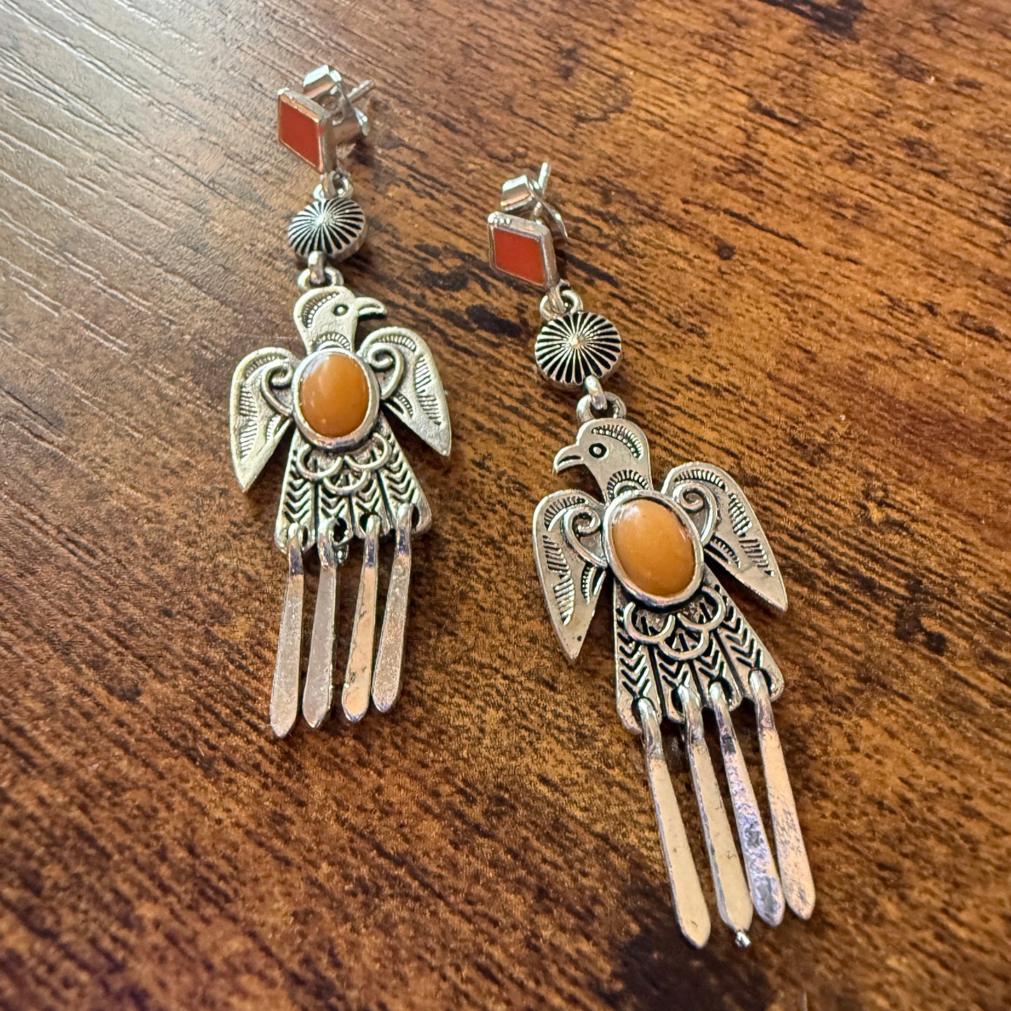 Navajo Thunderbird Post Drop Earrings With Faux Coral Gemstones In Mixed Metals