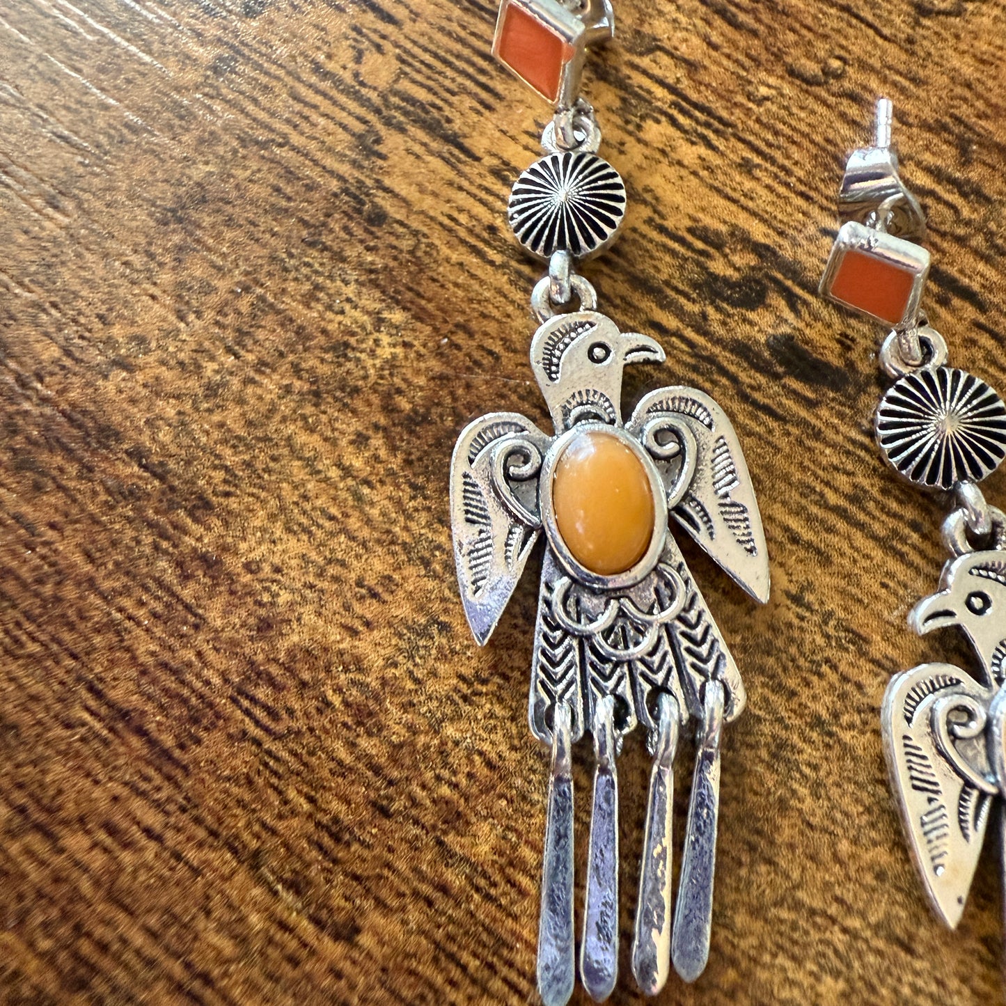 Navajo Thunderbird Post Drop Earrings With Faux Coral Gemstones In Mixed Metals