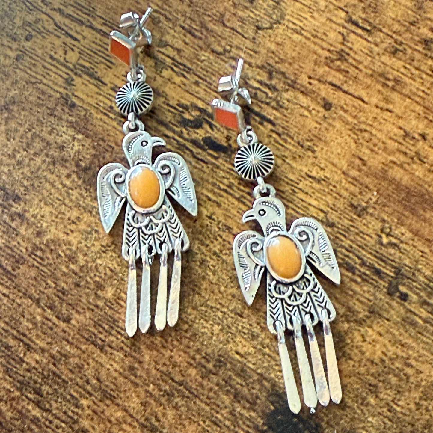 Navajo Thunderbird Post Drop Earrings With Faux Coral Gemstones In Mixed Metals