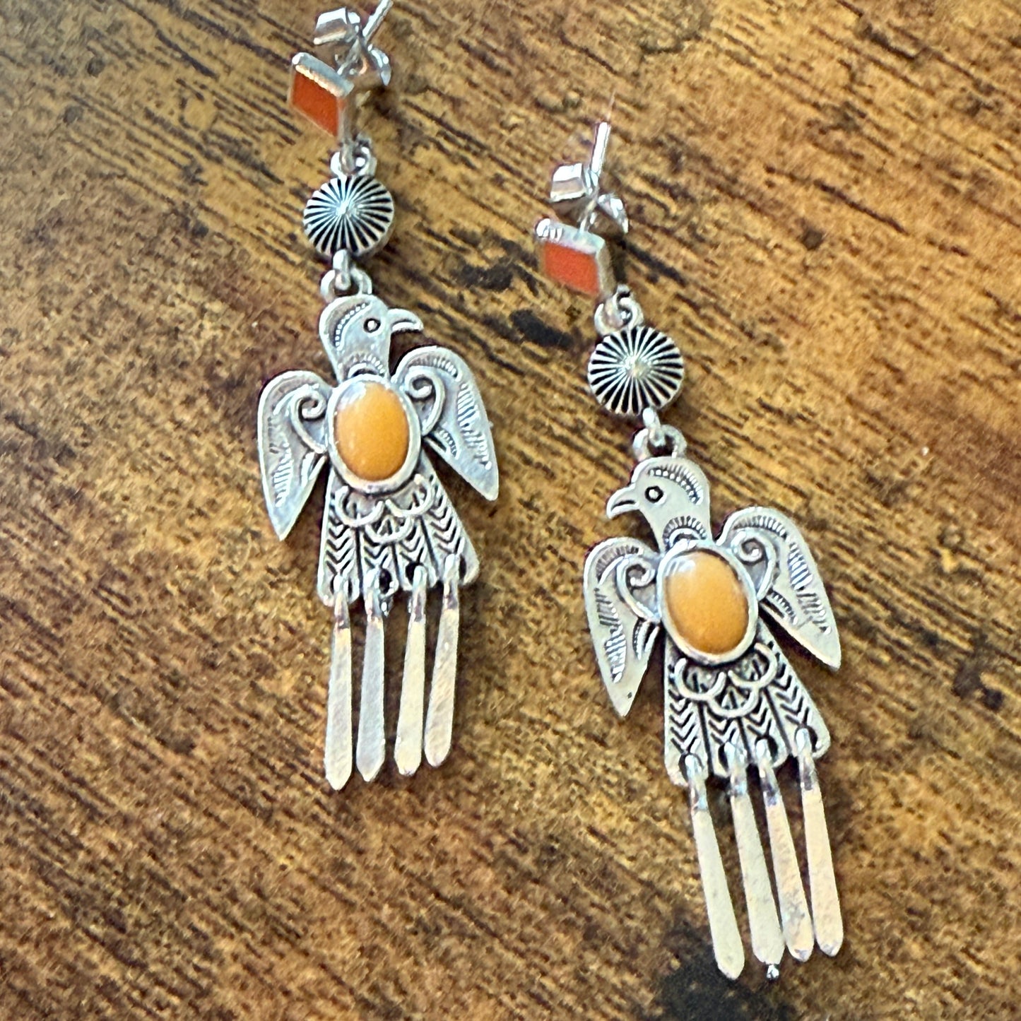Navajo Thunderbird Post Drop Earrings With Faux Coral Gemstones In Mixed Metals