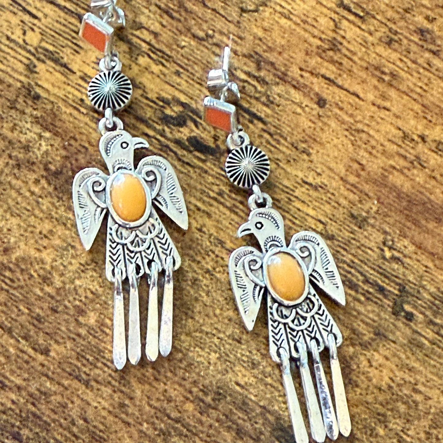 Navajo Thunderbird Post Drop Earrings With Faux Coral Gemstones In Mixed Metals