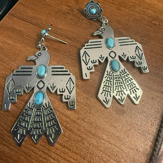 Navajo Style Thunderbird Turquoise Dangle Post Earrings, Mixed Metals