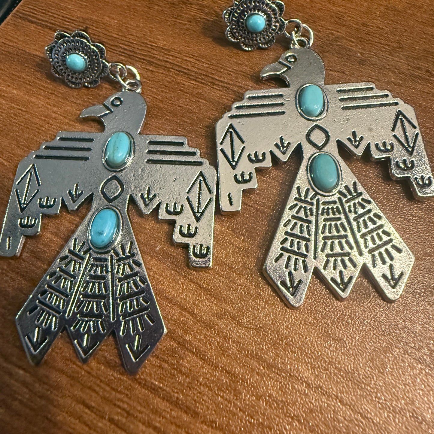 Navajo Style Thunderbird Turquoise Dangle Post Earrings, Mixed Metals