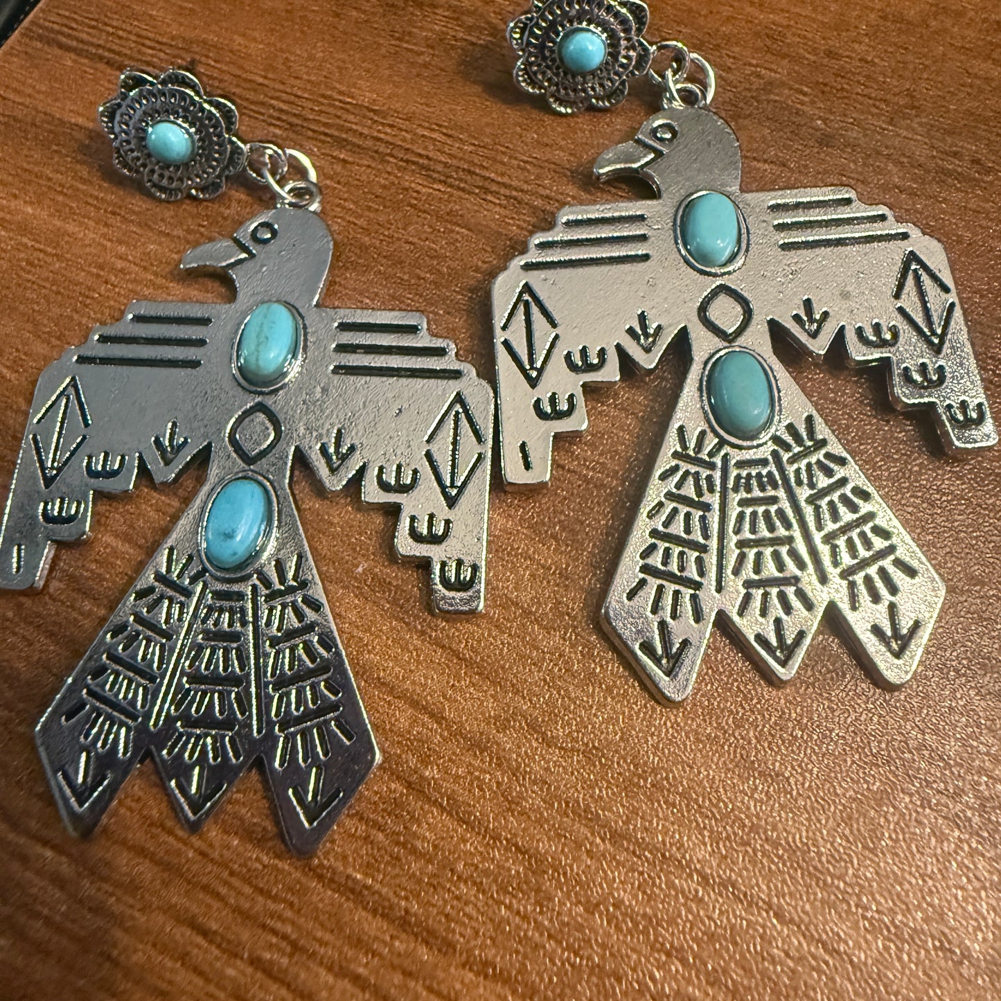 Navajo Style Thunderbird Turquoise Dangle Post Earrings, Mixed Metals