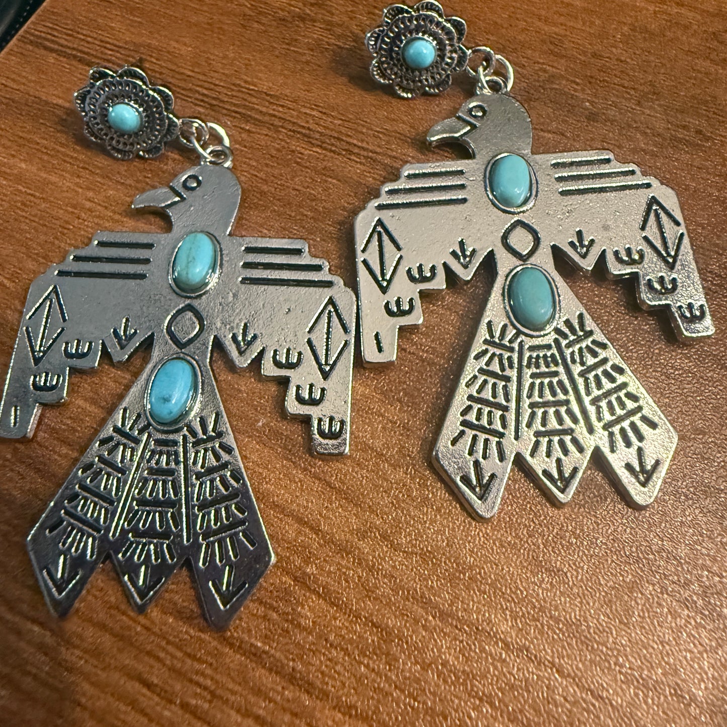 Navajo Style Thunderbird Turquoise Dangle Post Earrings, Mixed Metals