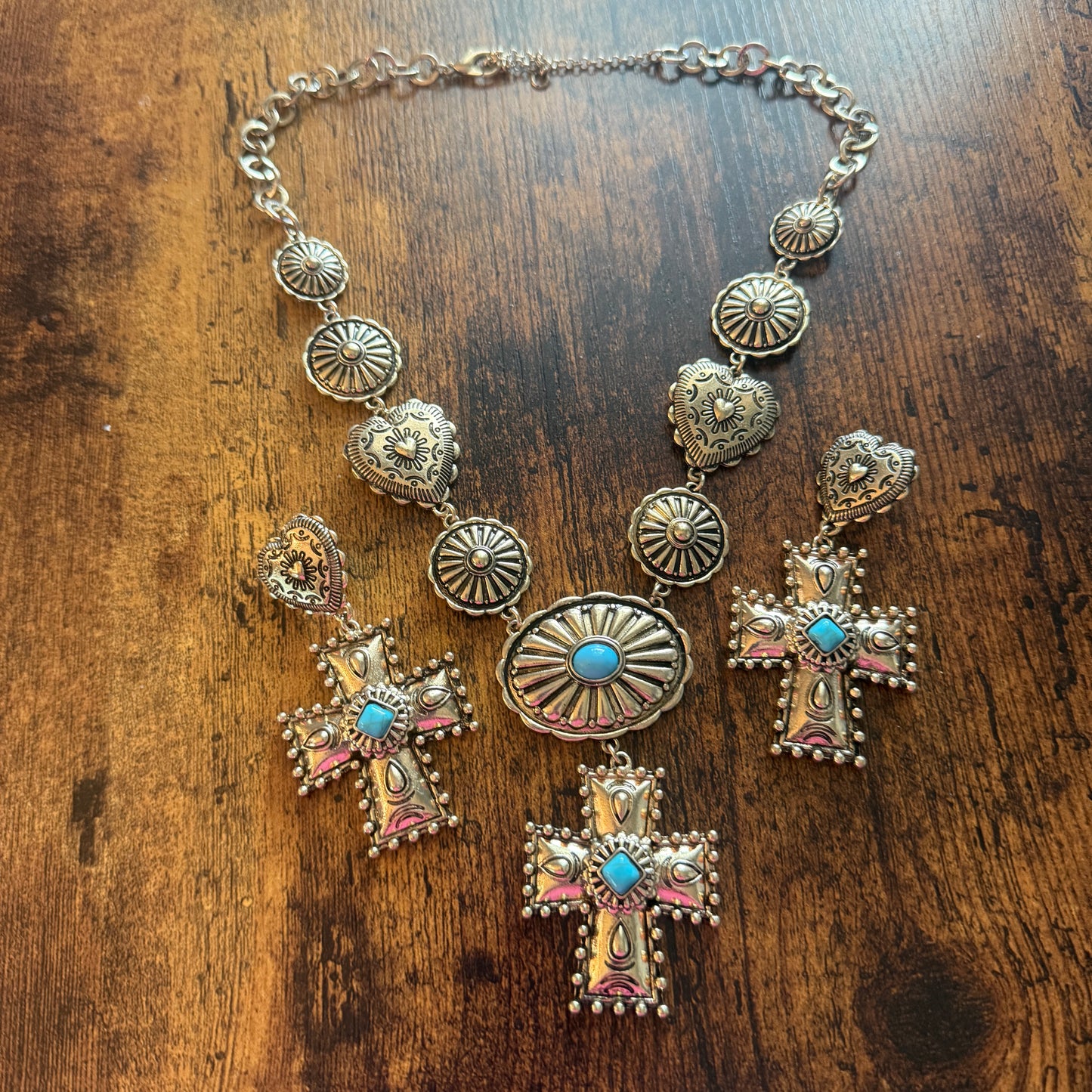 Southwestern Conch Turquoise Cross Necklace and Earrings Set in Mixed Metals