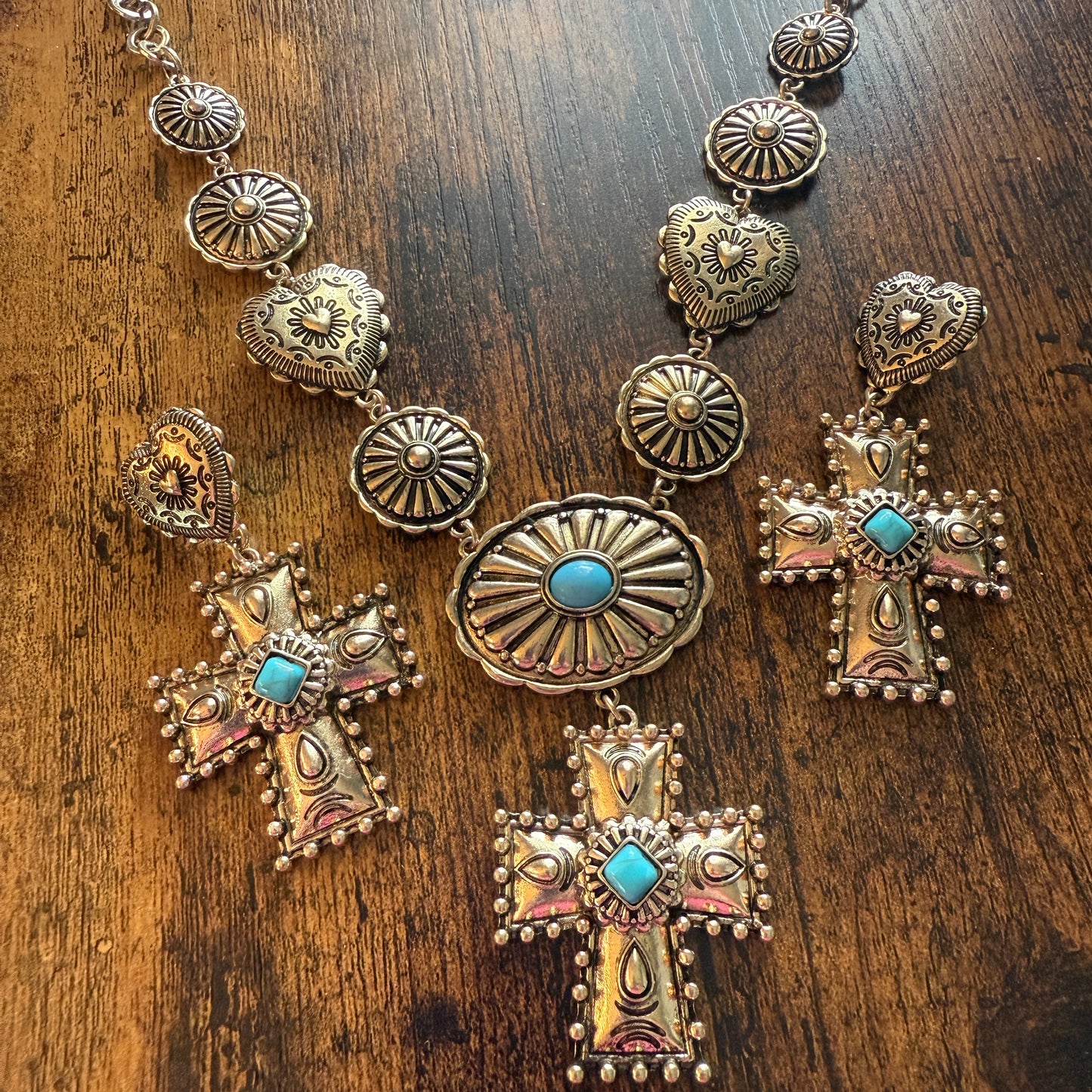 Southwestern Conch Turquoise Cross Necklace and Earrings Set in Mixed Metals