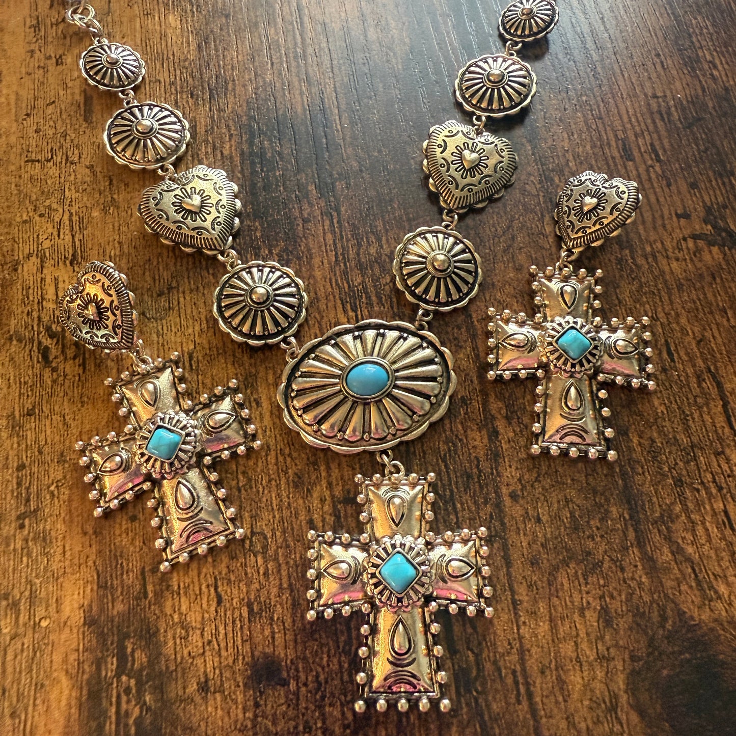 Southwestern Conch Turquoise Cross Necklace and Earrings Set in Mixed Metals