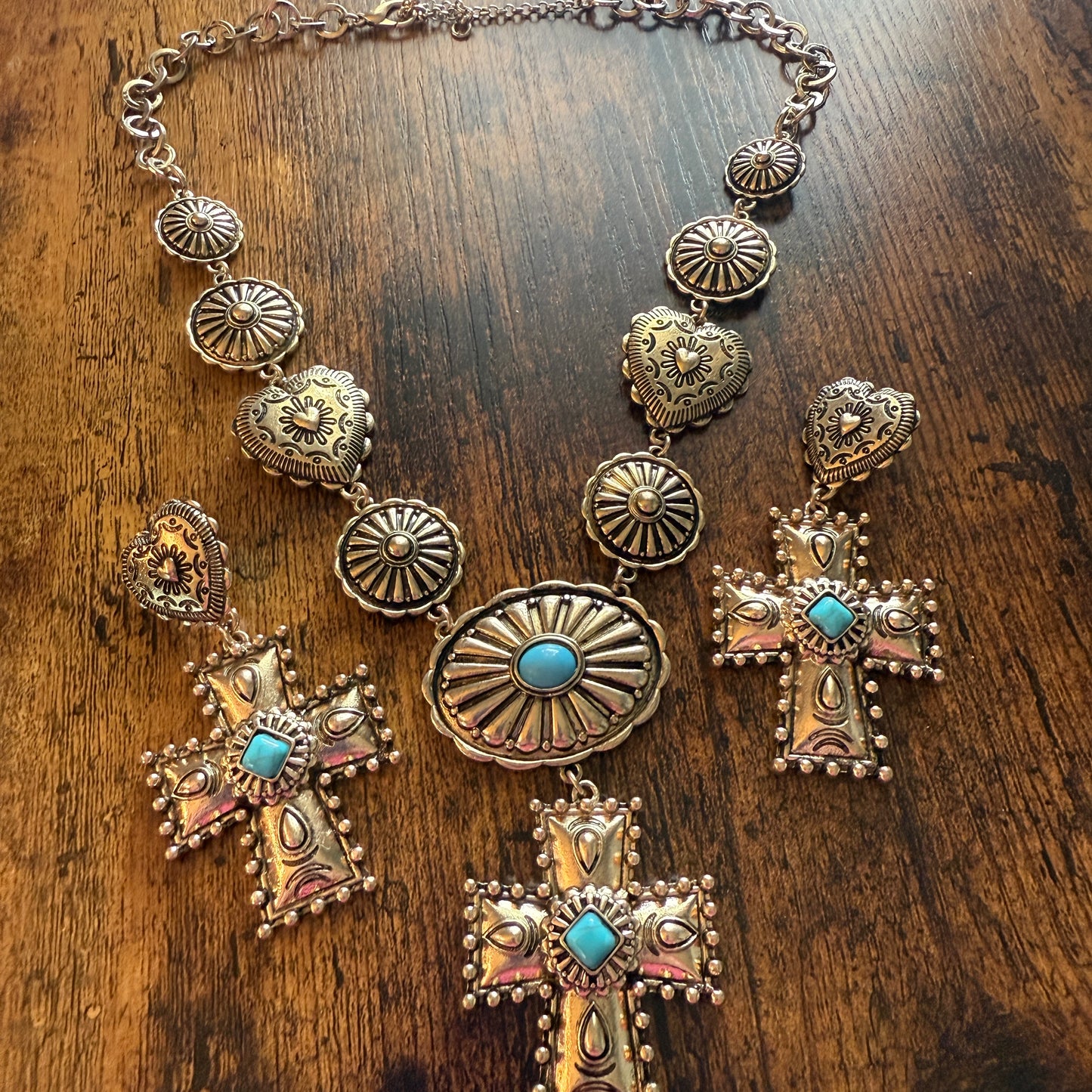 Southwestern Conch Turquoise Cross Necklace and Earrings Set in Mixed Metals