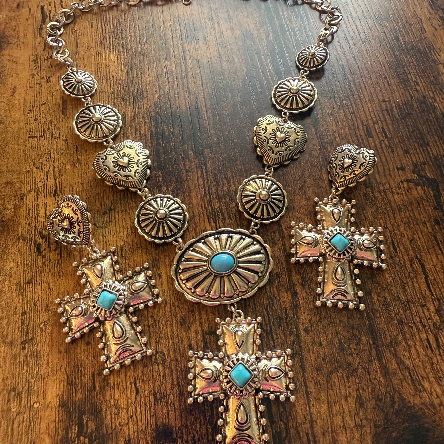Southwestern Conch Turquoise Cross Necklace and Earrings Set in Mixed Metals