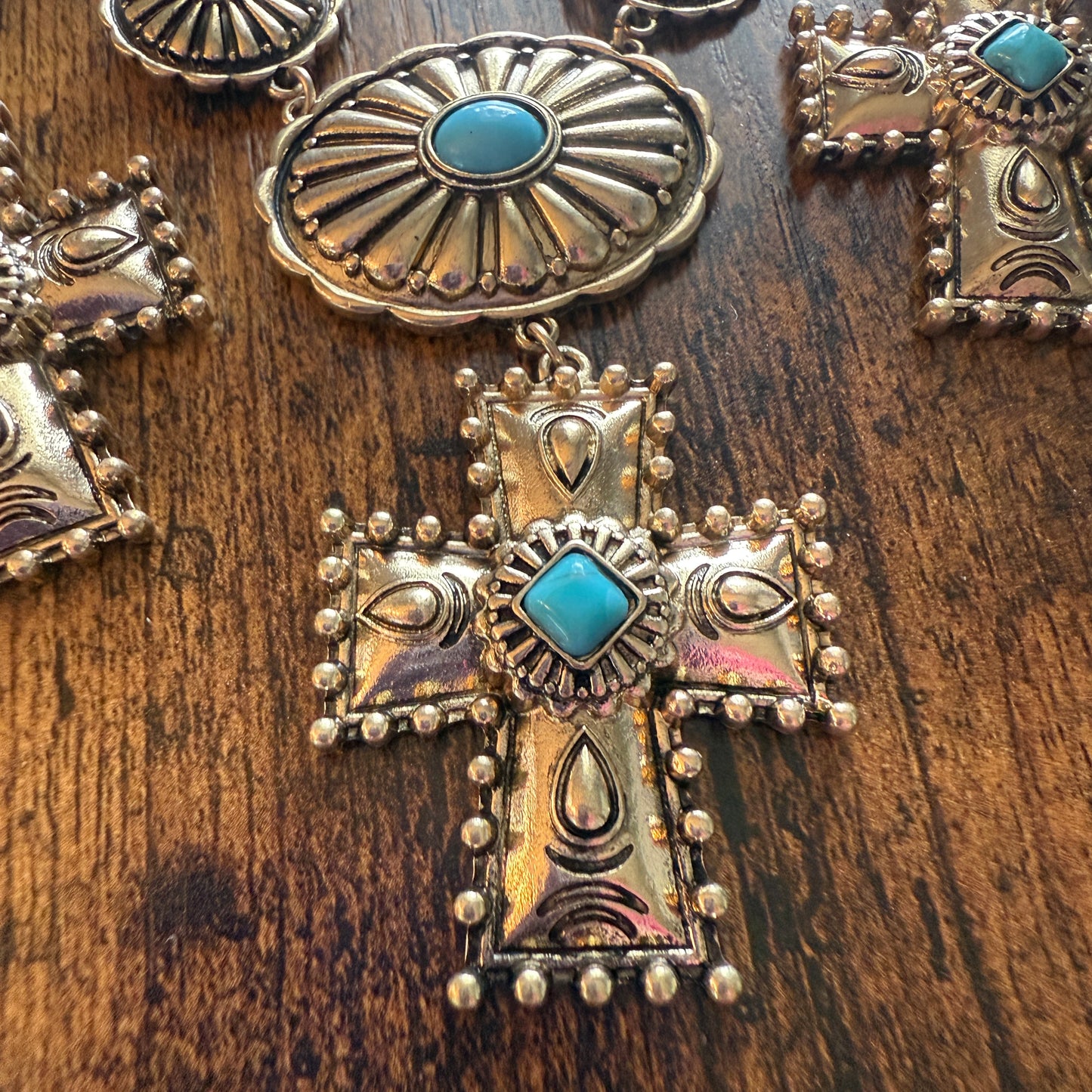 Southwestern Conch Turquoise Cross Necklace and Earrings Set in Mixed Metals