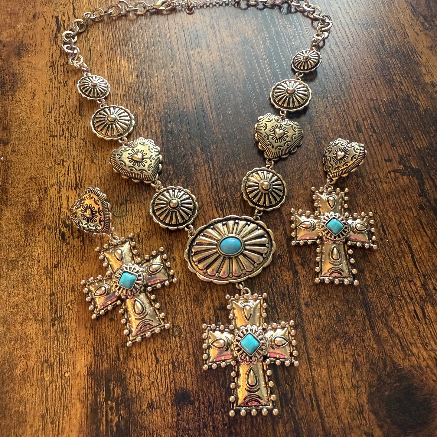 Southwestern Conch Turquoise Cross Necklace and Earrings Set in Mixed Metals