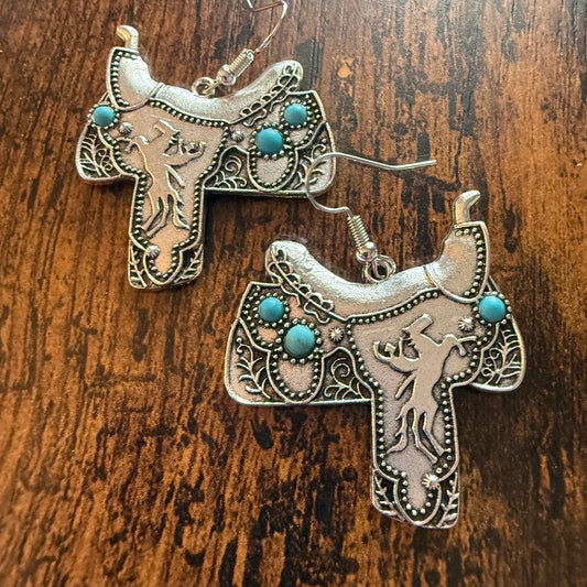Western Cowgirl Turquoise Saddle Up Wire Drop Earrings With Mixed Metals