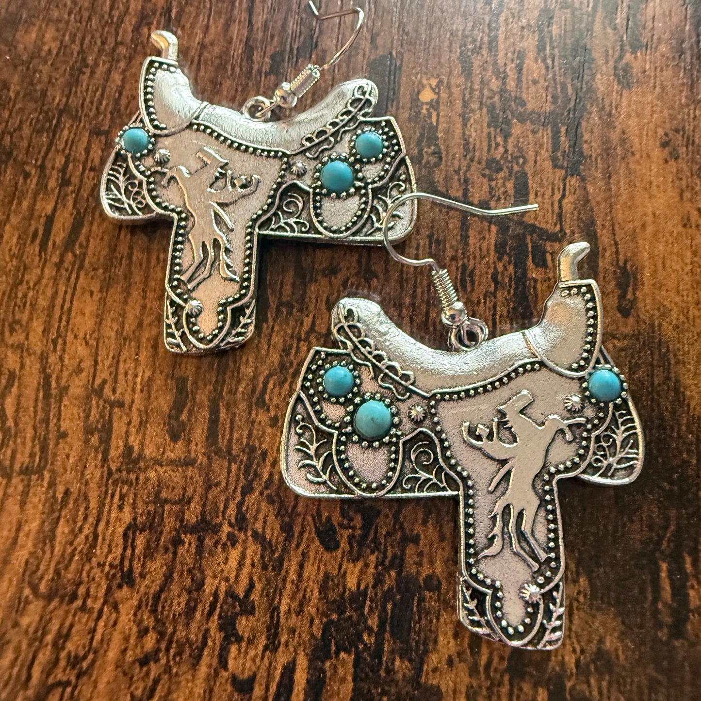 Western Cowgirl Turquoise Saddle Up Wire Drop Earrings With Mixed Metals