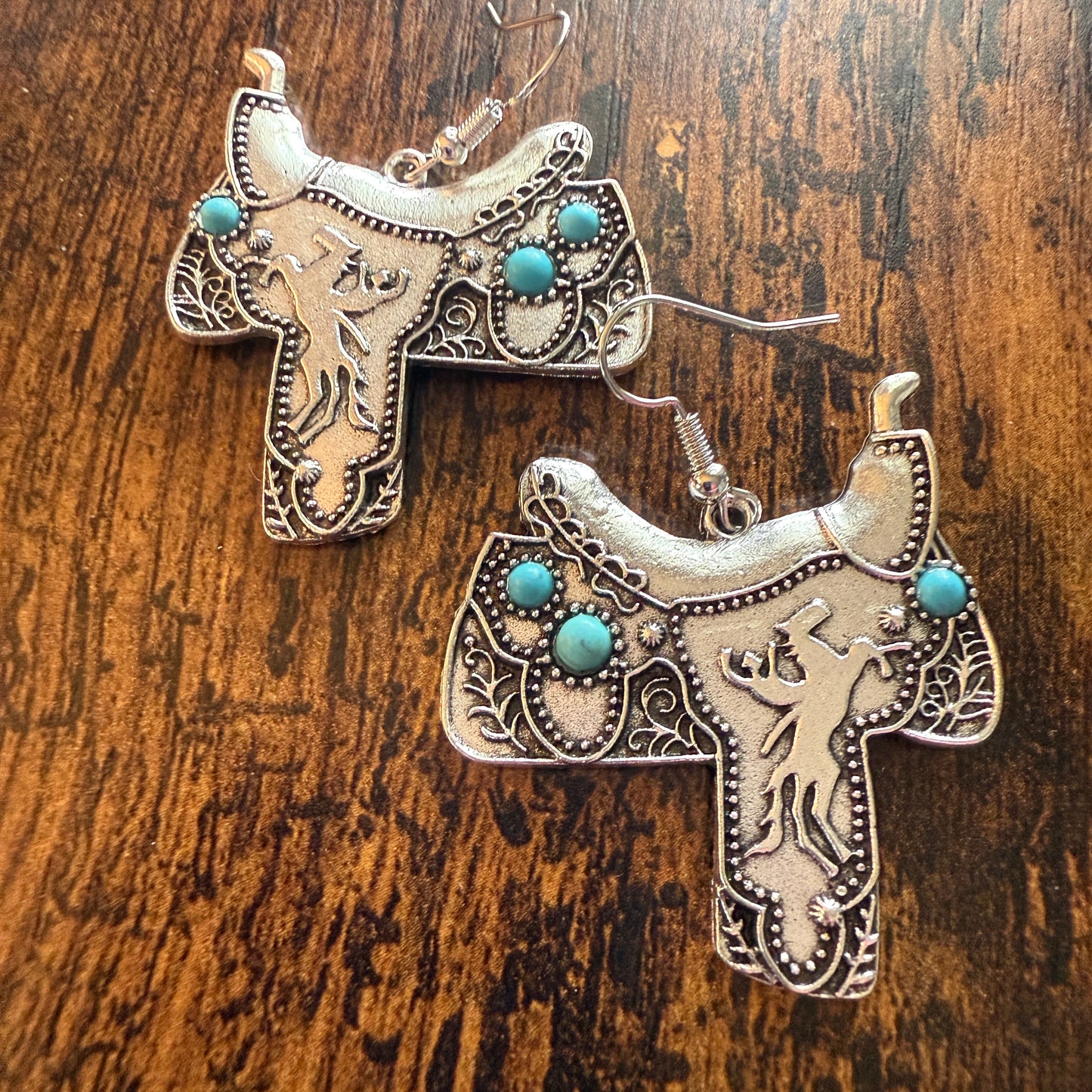 Western Cowgirl Turquoise Saddle Up Wire Drop Earrings With Mixed Metals