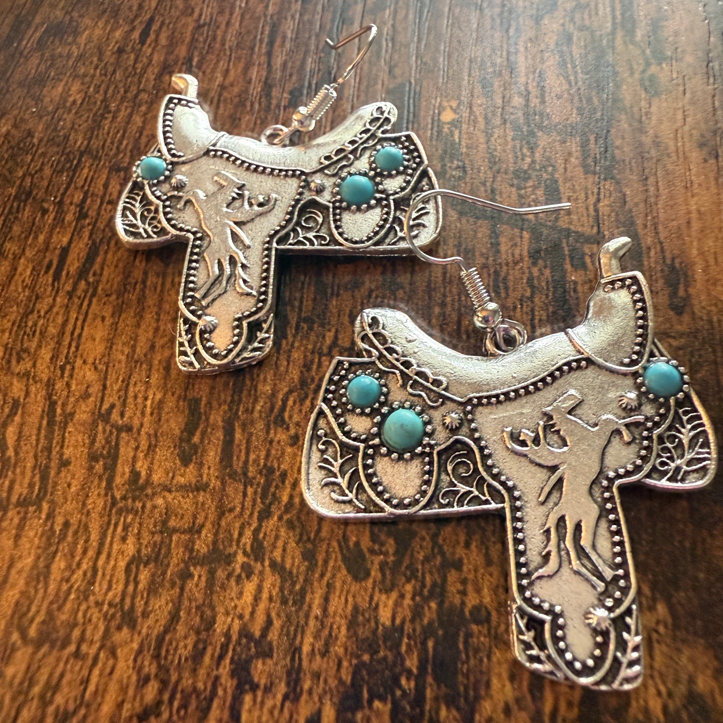 Western Cowgirl Turquoise Saddle Up Wire Drop Earrings With Mixed Metals