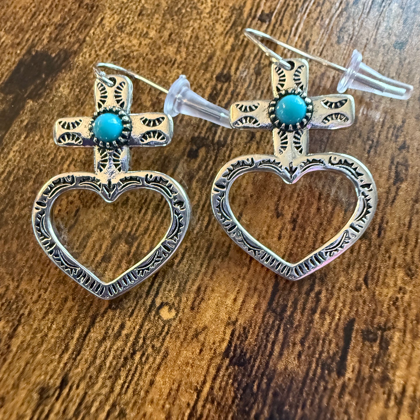 Western Cowgirl Turquoise Heart Cross Drop Wire Earrings Mixed Metals