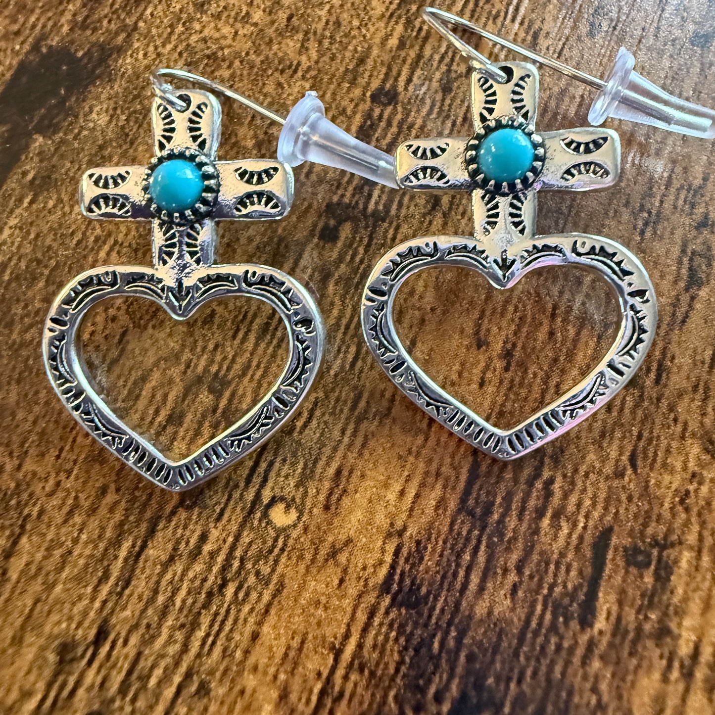 Western Cowgirl Turquoise Heart Cross Drop Wire Earrings Mixed Metals