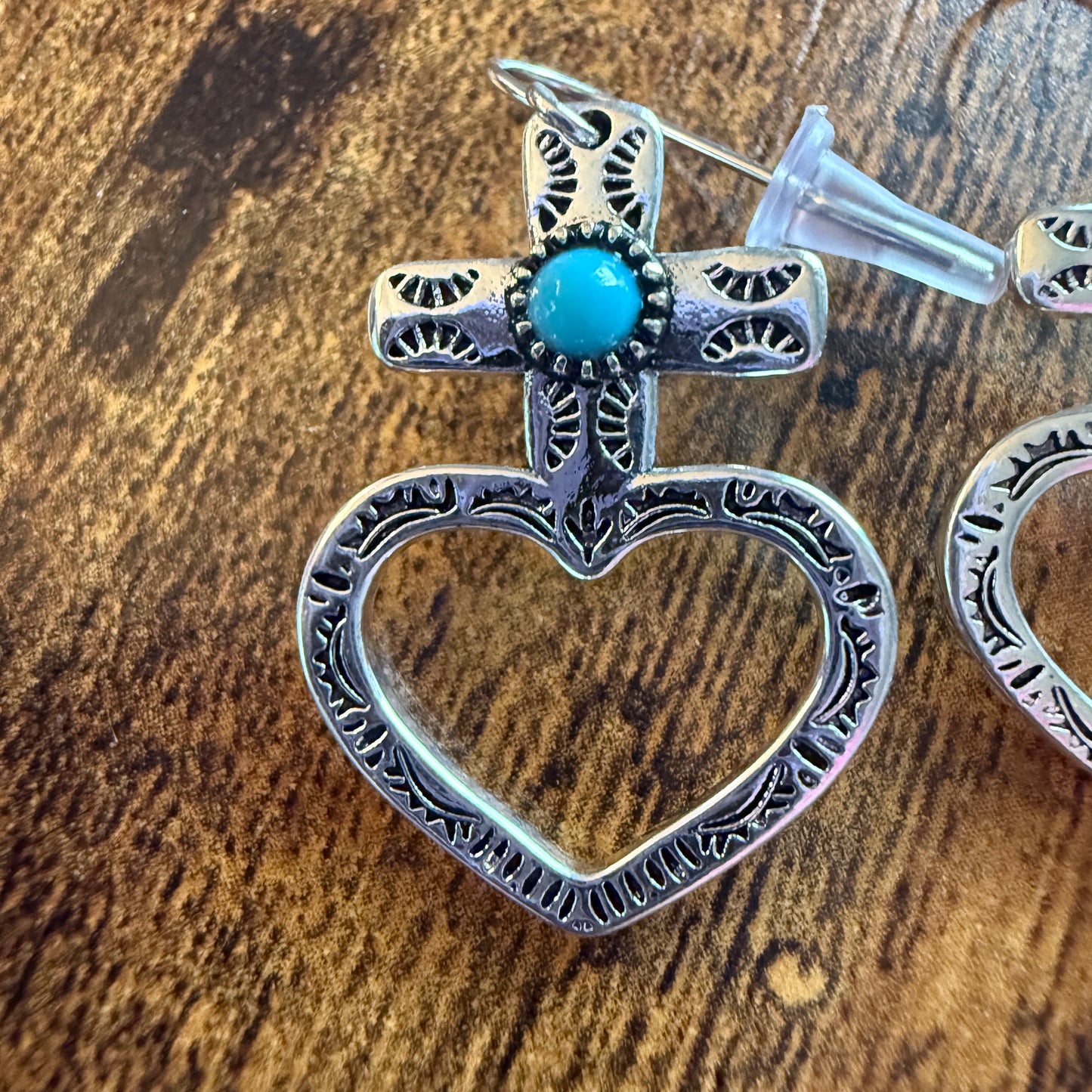 Western Cowgirl Turquoise Heart Cross Drop Wire Earrings Mixed Metals