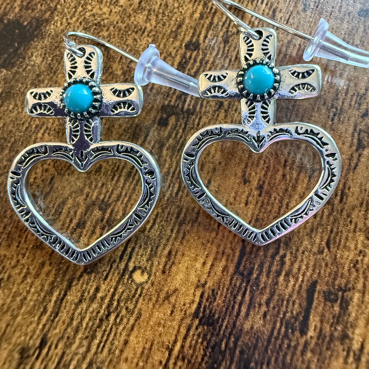 Western Cowgirl Turquoise Heart Cross Drop Wire Earrings Mixed Metals