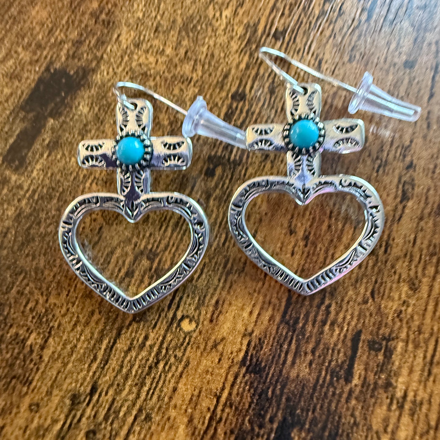 Western Cowgirl Turquoise Heart Cross Drop Wire Earrings Mixed Metals
