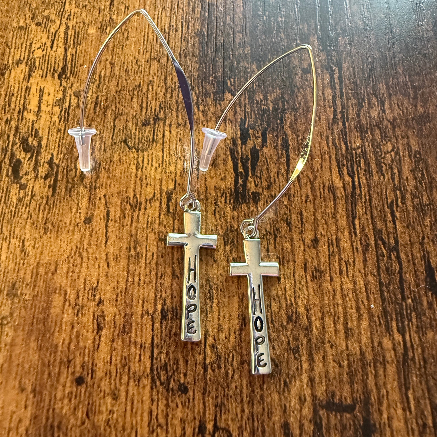 Hope Cross Wire Drop Earrings Mixed Metals Delicate Religious Jewelry