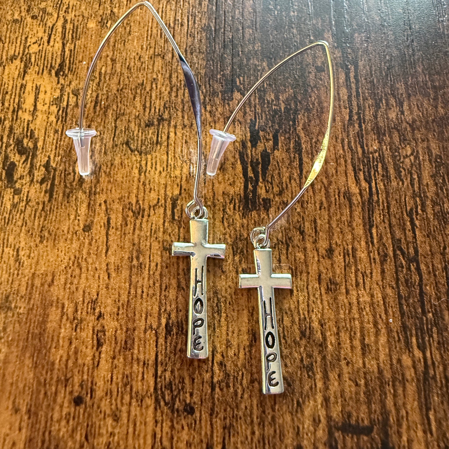 Hope Cross Wire Drop Earrings Mixed Metals Delicate Religious Jewelry