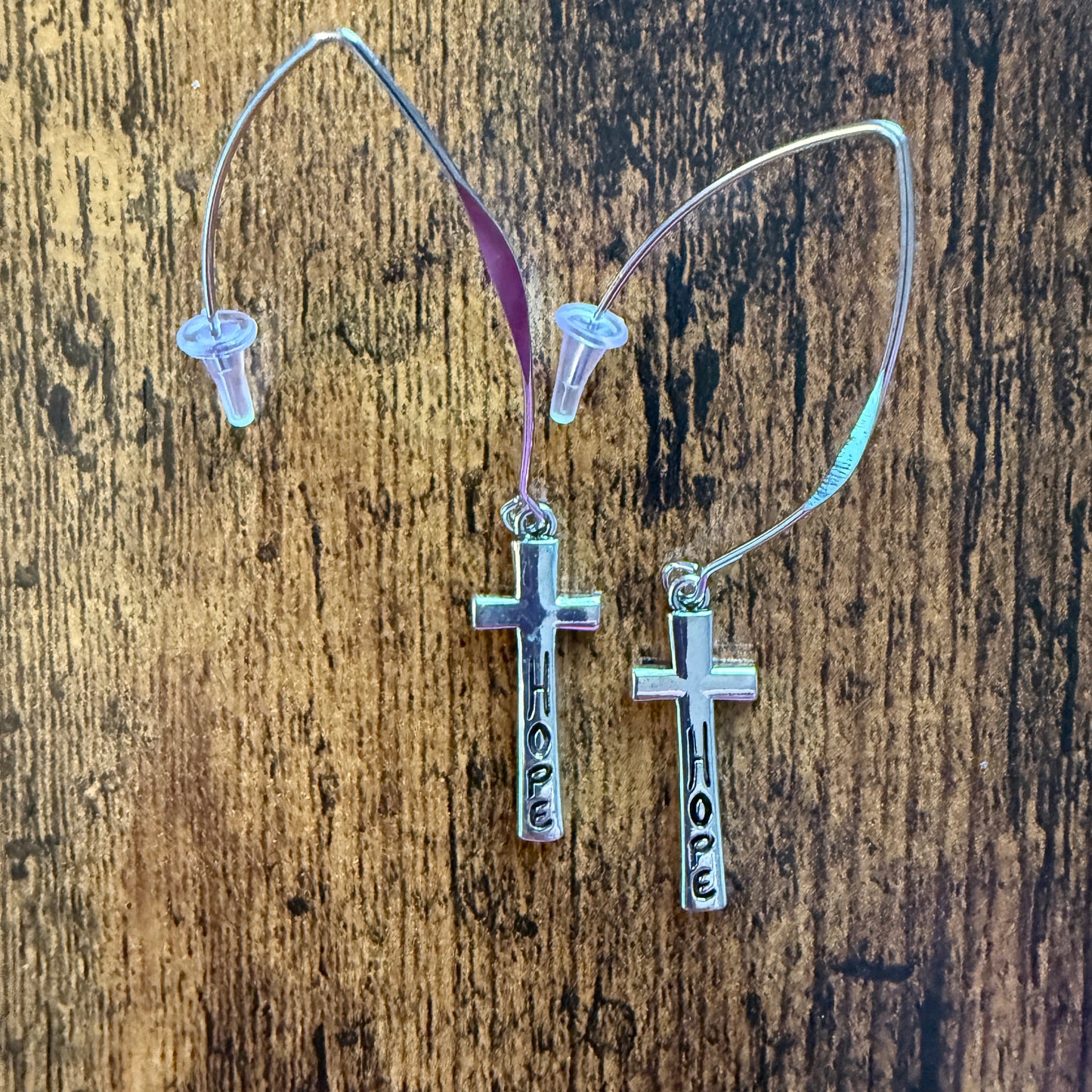 Hope Cross Wire Drop Earrings Mixed Metals Delicate Religious Jewelry