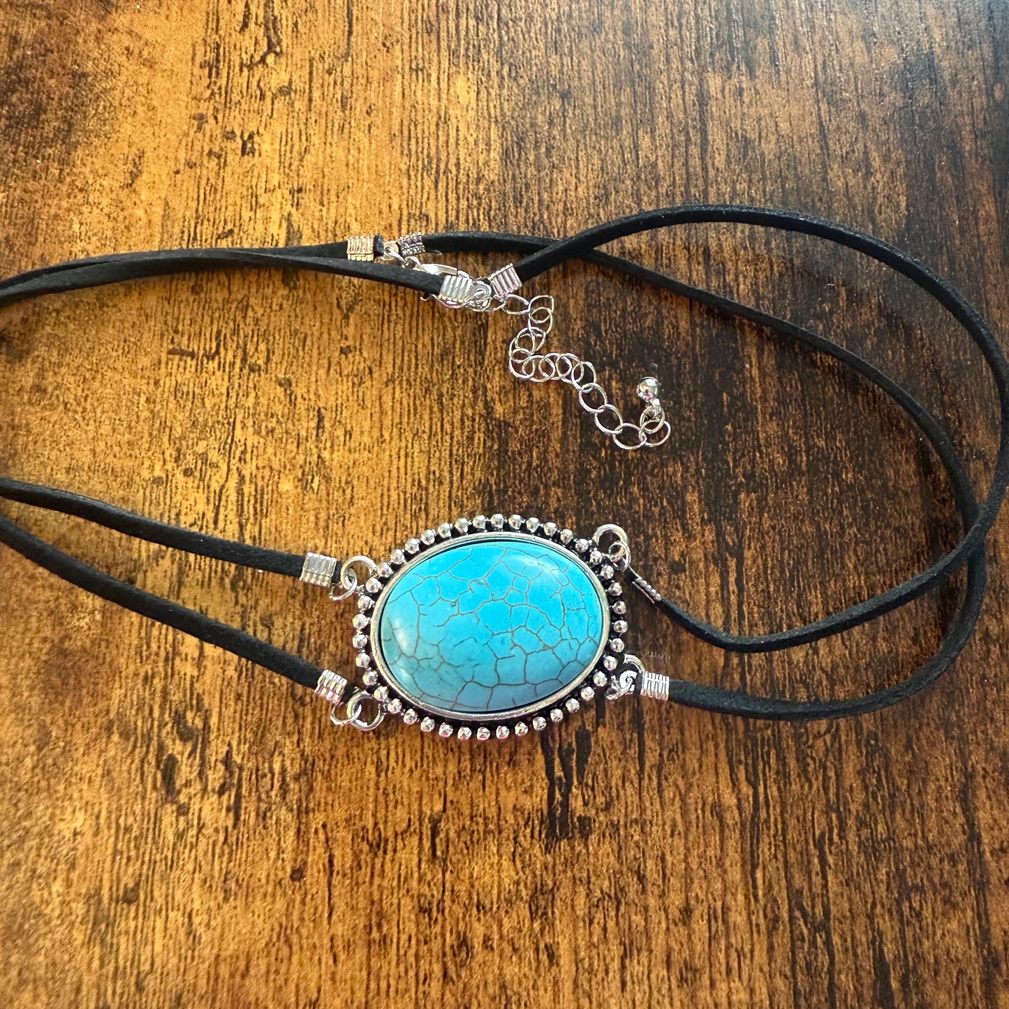 Western Cowgirl Turquoise Stone Choker Necklace With Adjustable Black Cord