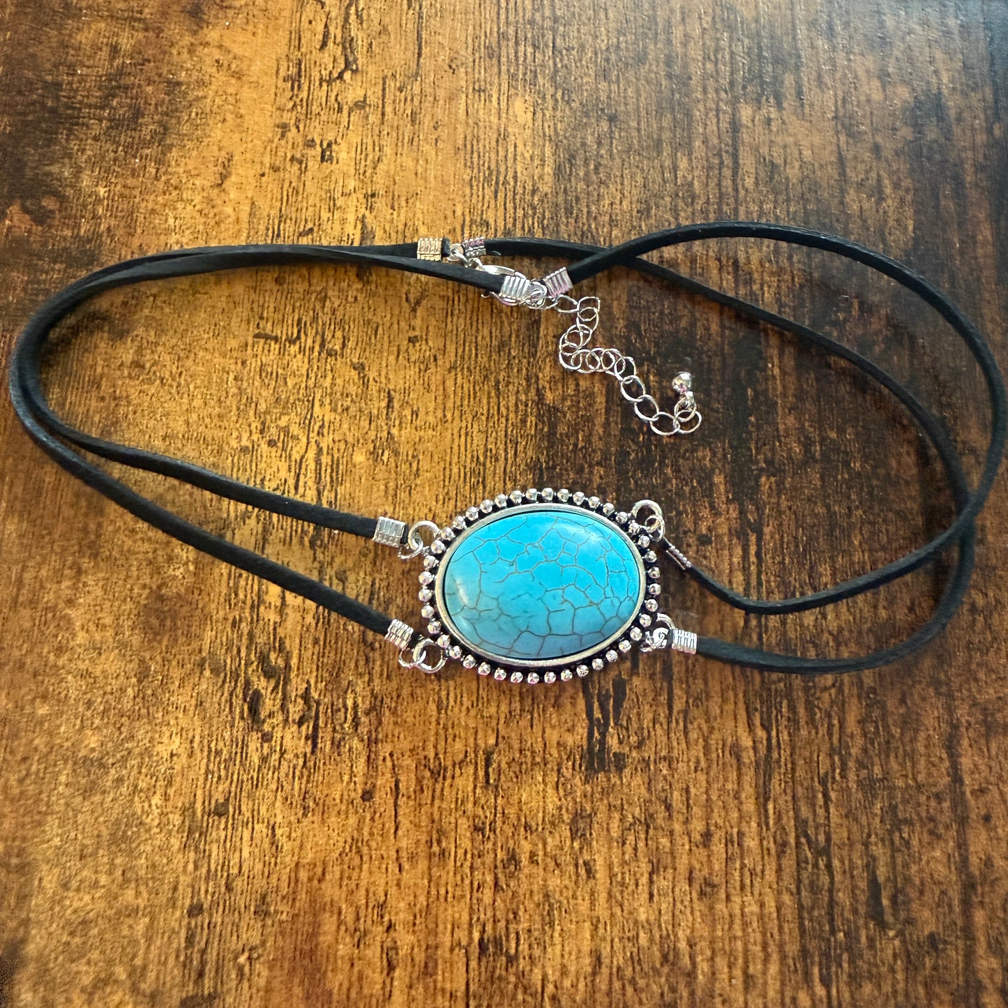Western Cowgirl Turquoise Stone Choker Necklace With Adjustable Black Cord