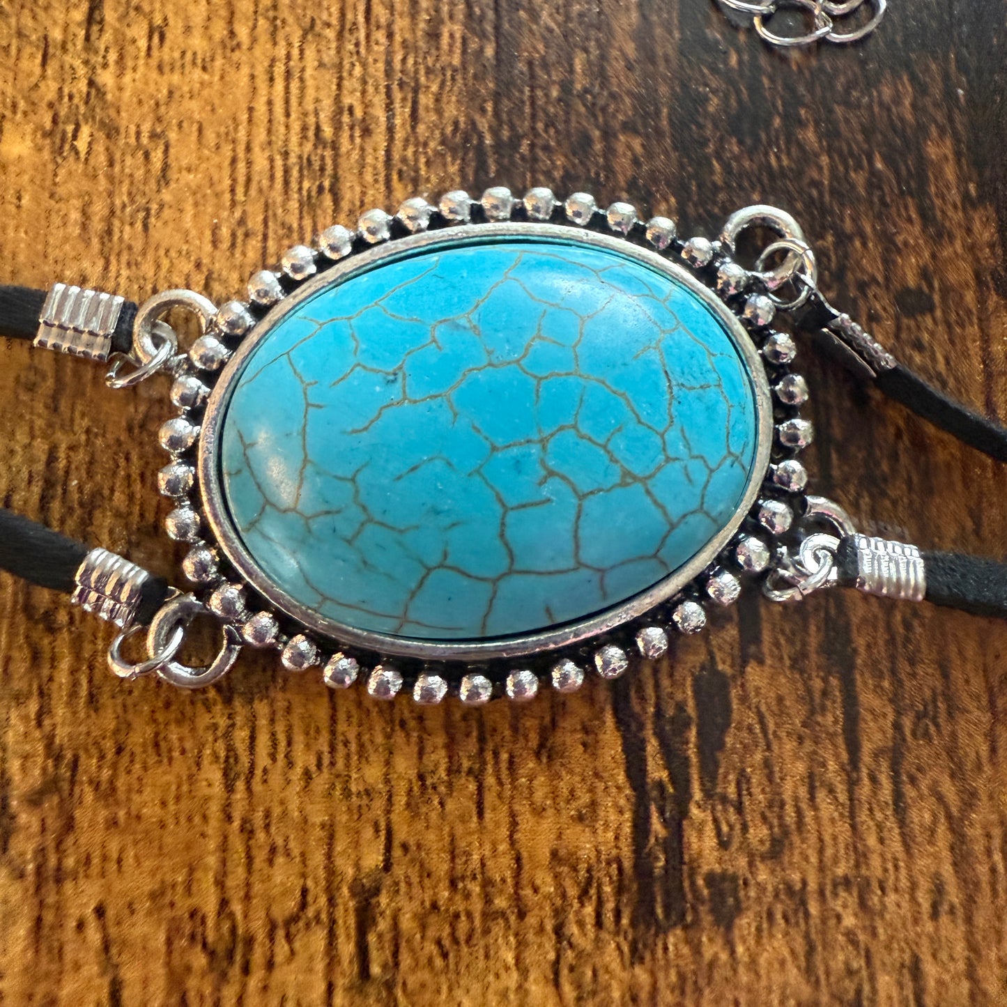 Western Cowgirl Turquoise Stone Choker Necklace With Adjustable Black Cord
