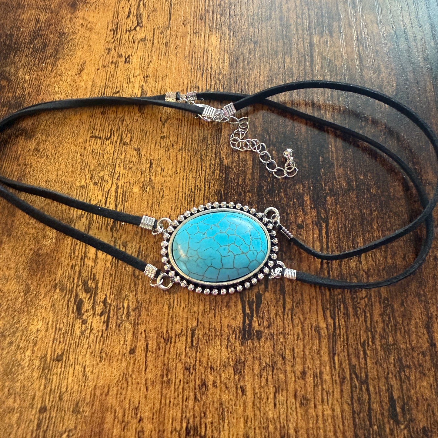Western Cowgirl Turquoise Stone Choker Necklace With Adjustable Black Cord
