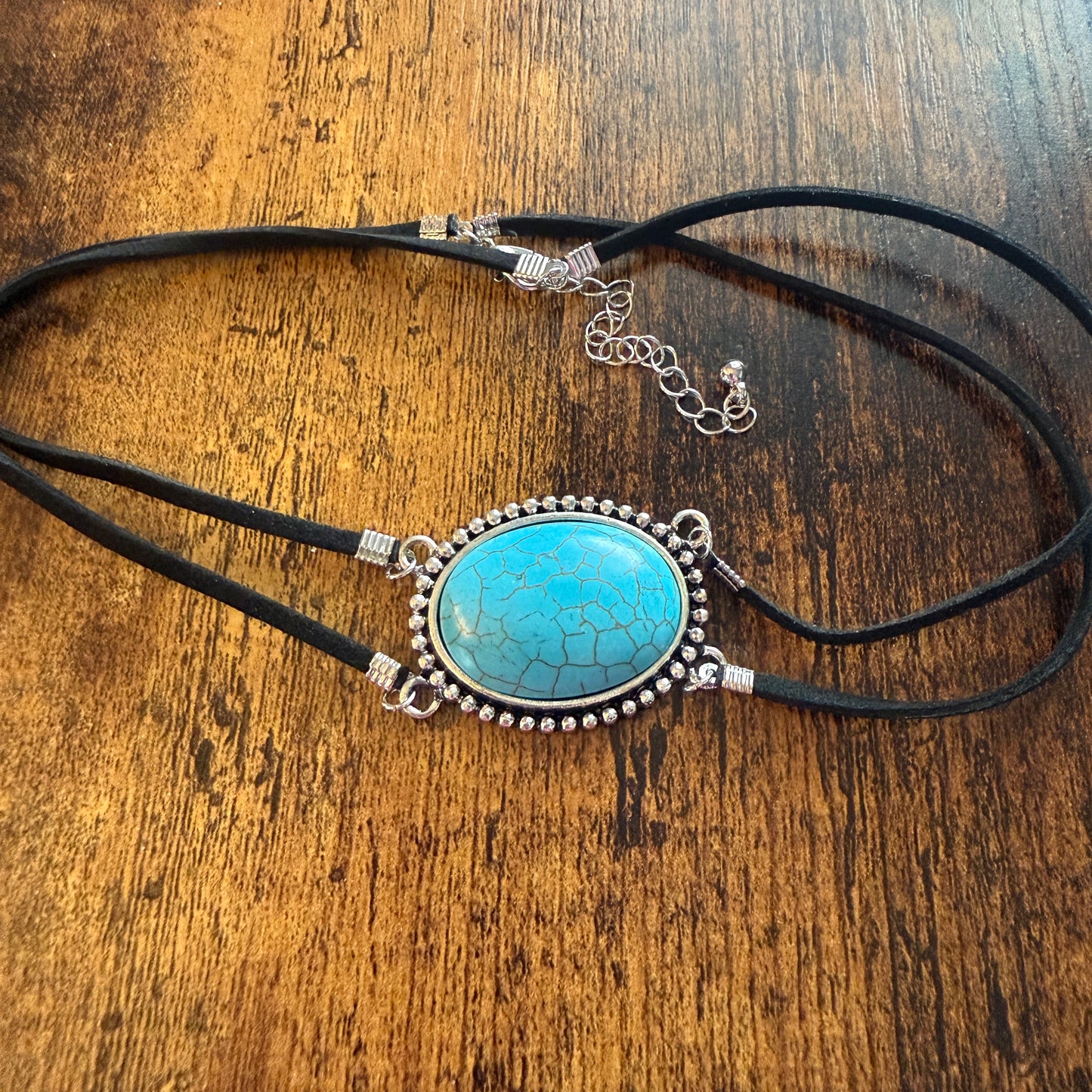 Western Cowgirl Turquoise Stone Choker Necklace With Adjustable Black Cord