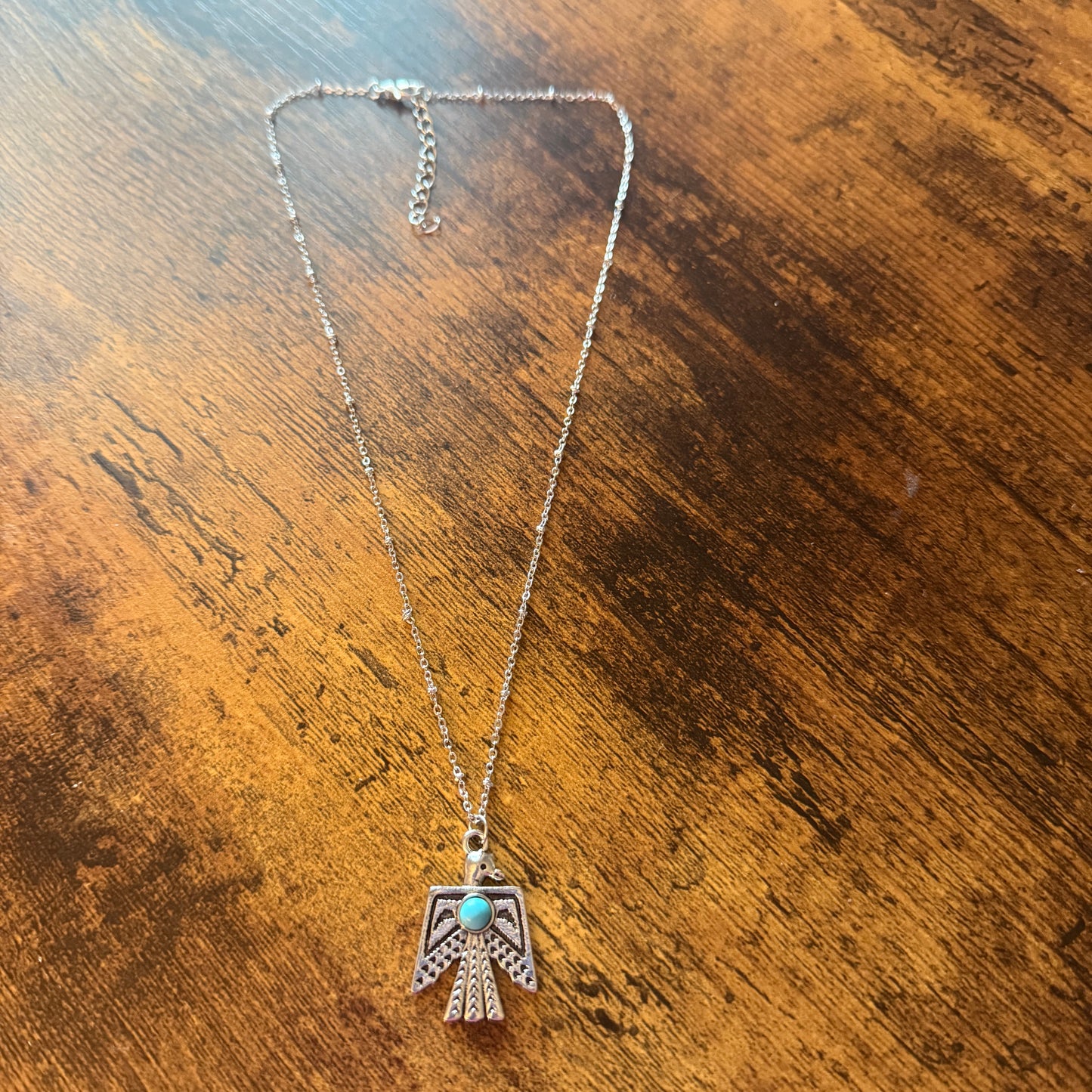 Navajo Style Thunderbird Faux Turquoise Pendant Necklace Mixed Metals