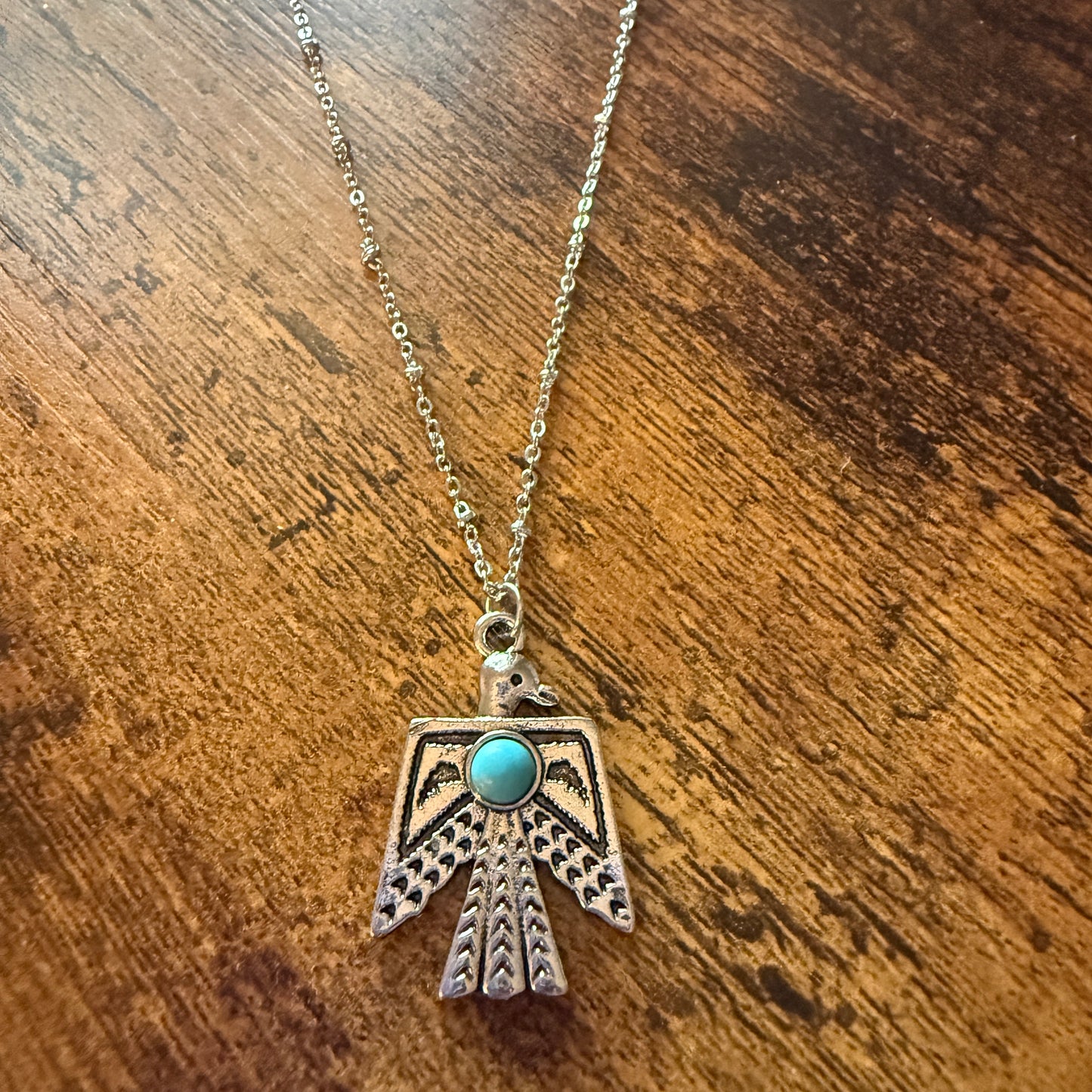 Navajo Style Thunderbird Faux Turquoise Pendant Necklace Mixed Metals