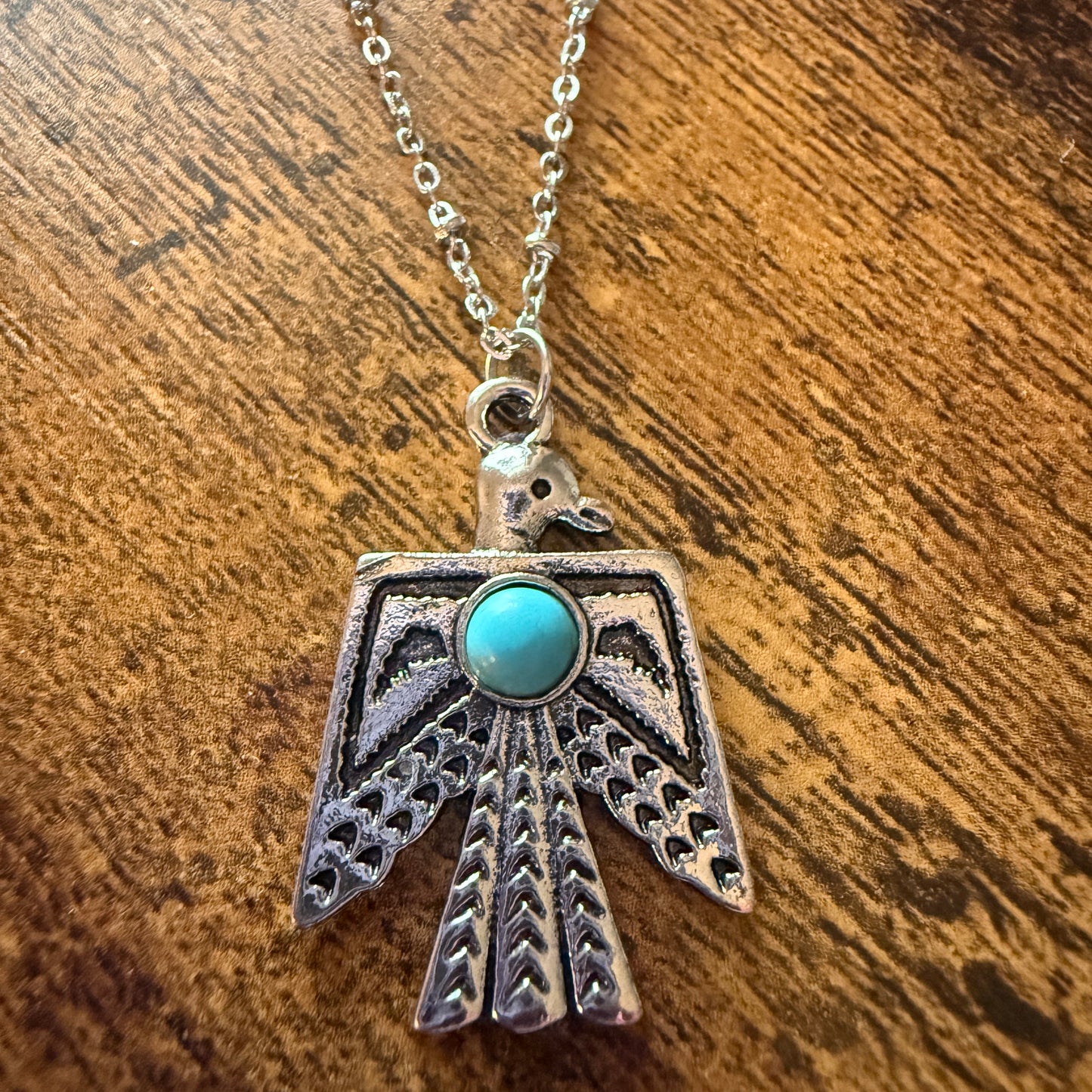 Navajo Style Thunderbird Faux Turquoise Pendant Necklace Mixed Metals