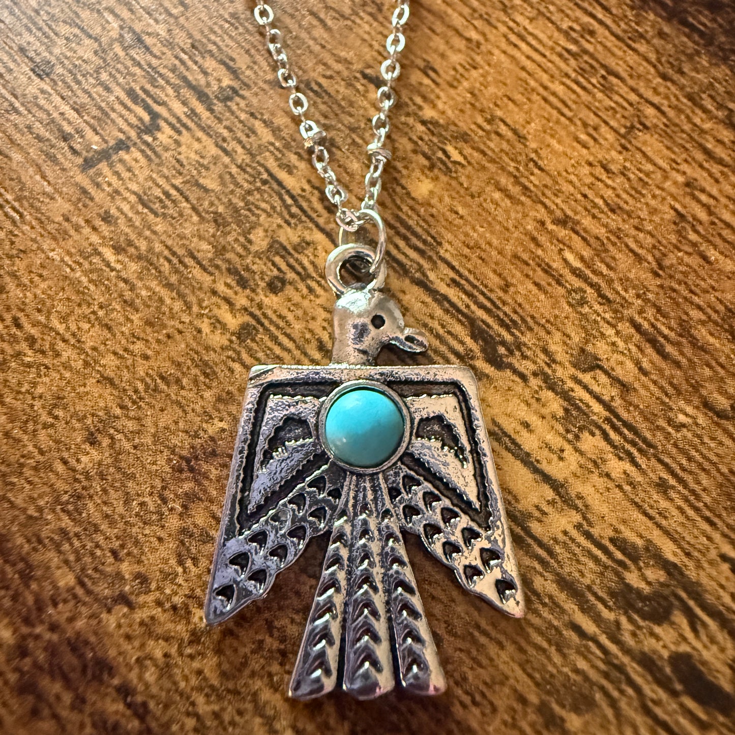 Navajo Style Thunderbird Faux Turquoise Pendant Necklace Mixed Metals