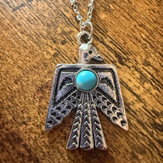 Navajo Style Thunderbird Faux Turquoise Pendant Necklace Mixed Metals