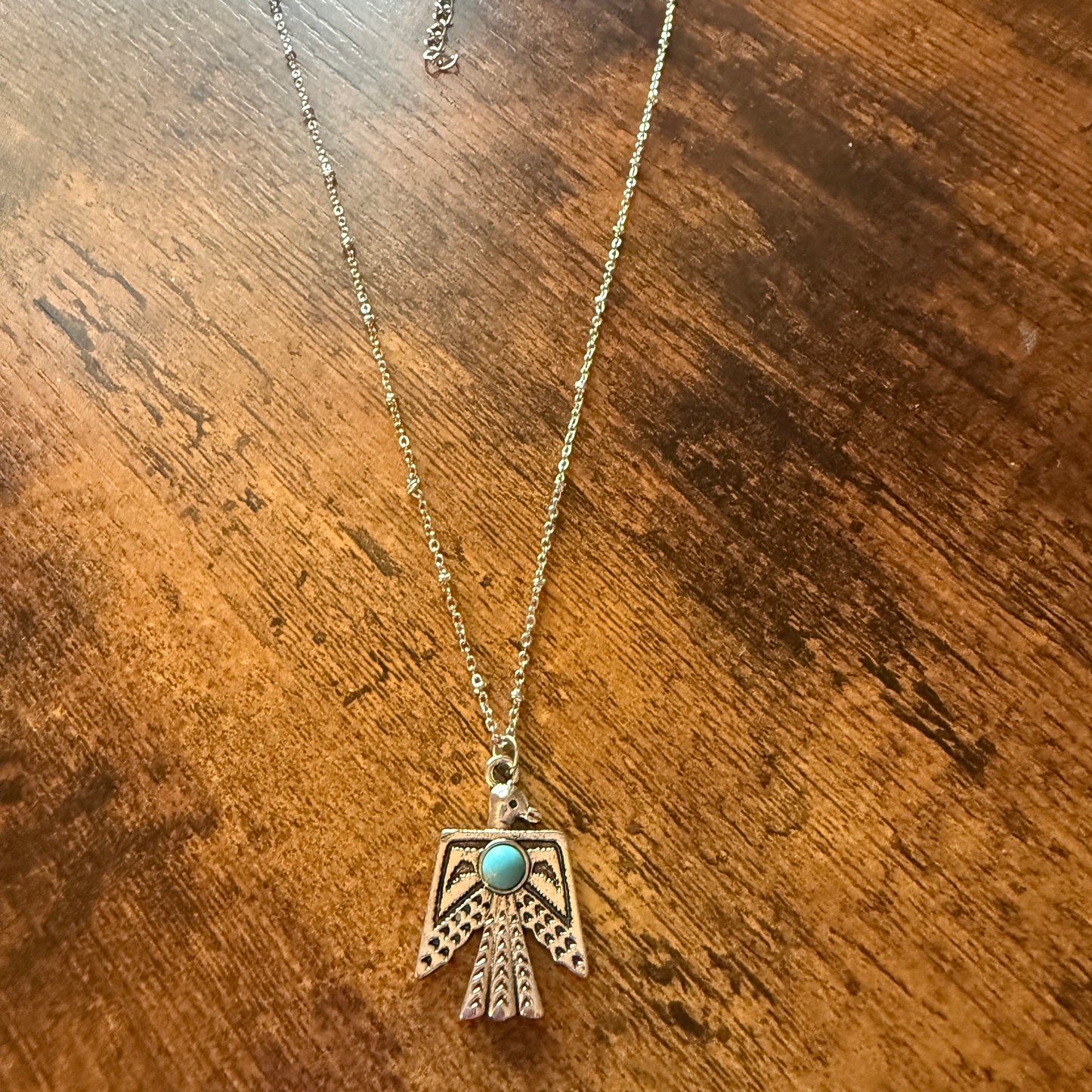 Navajo Style Thunderbird Faux Turquoise Pendant Necklace Mixed Metals