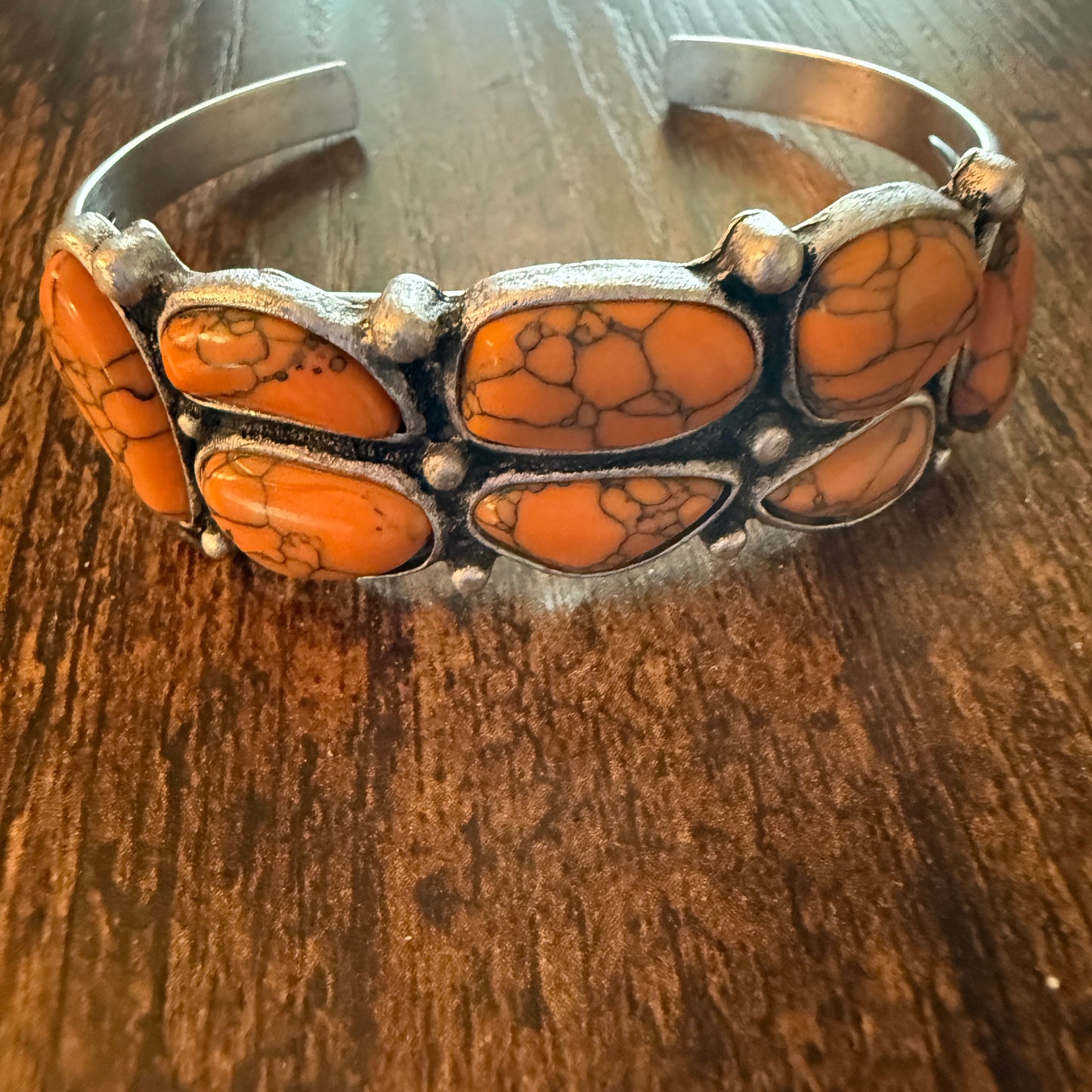 Western Cowgirl Faux Coral Gemstone Cuff Bangle, Mixed Metals WildWestBoho