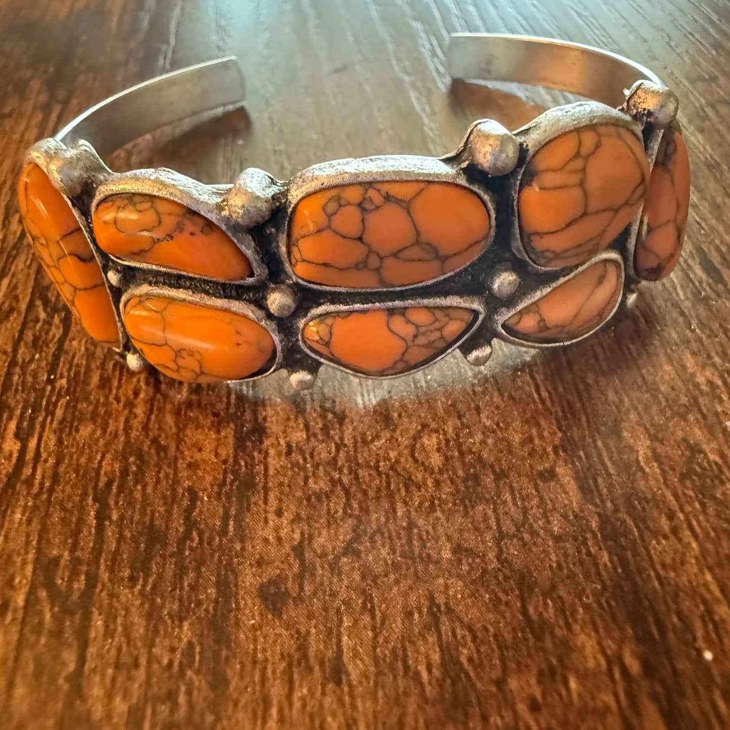 Western Cowgirl Faux Coral Gemstone Cuff Bangle, Mixed Metals WildWestBoho