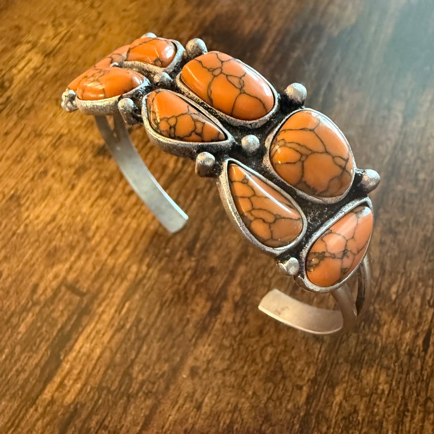 Western Cowgirl Faux Coral Gemstone Cuff Bangle, Mixed Metals WildWestBoho