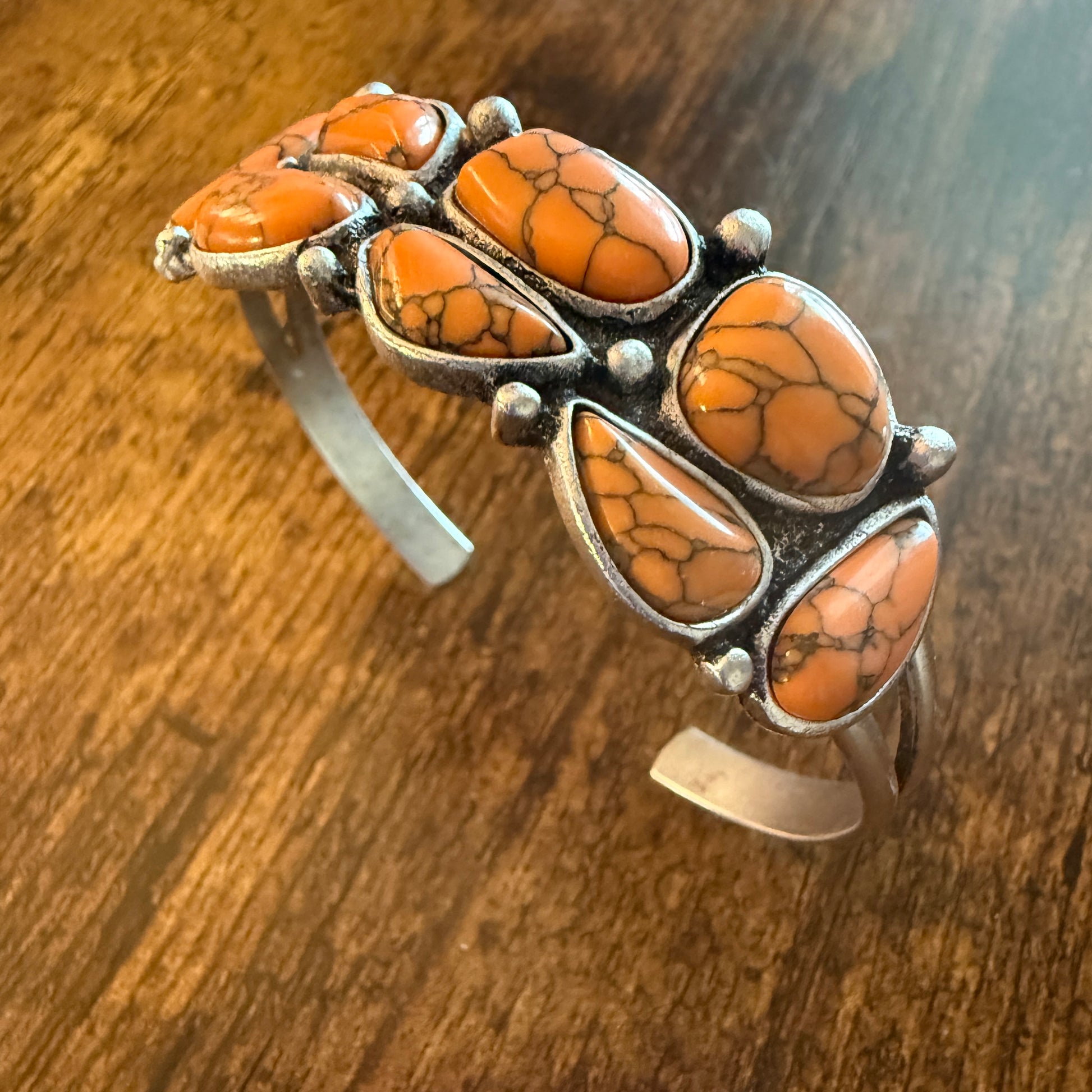 Western Cowgirl Faux Coral Gemstone Cuff Bangle, Mixed Metals WildWestBoho