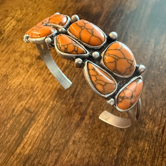 Western Cowgirl Faux Coral Gemstone Cuff Bangle, Mixed Metals