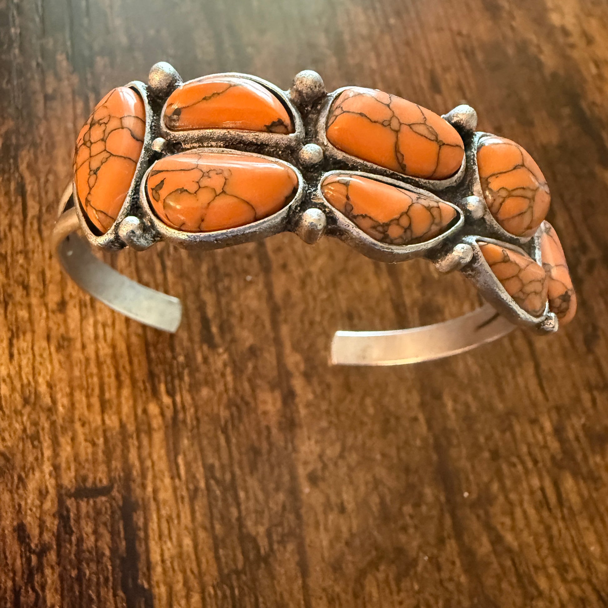 Western Cowgirl Faux Coral Gemstone Cuff Bangle, Mixed Metals WildWestBoho