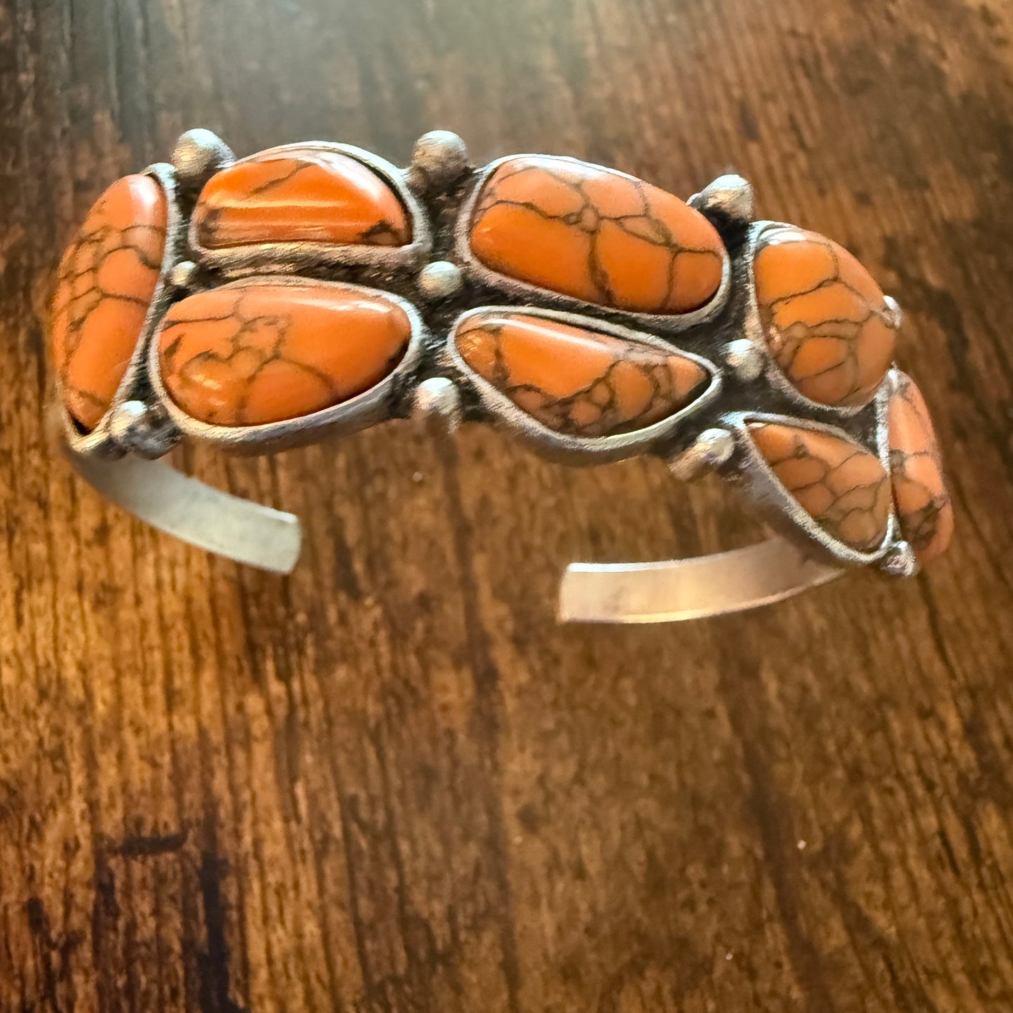 Western Cowgirl Faux Coral Gemstone Cuff Bangle, Mixed Metals WildWestBoho
