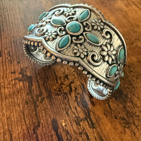 Western Cowgirl Turquoise Gemstone Floral Wide Cuff Bracelet in Mixed Metals